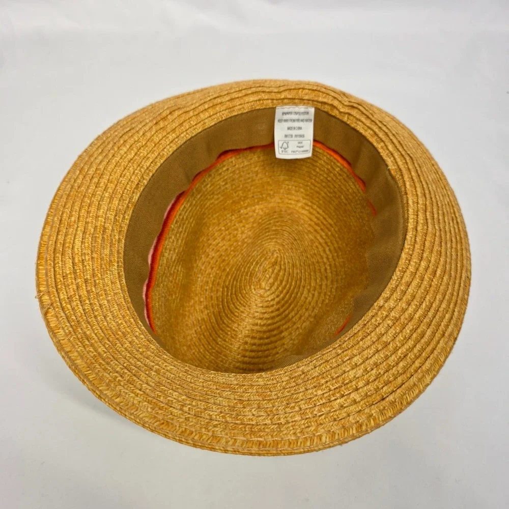 Straw Fedora Kids One Size Tan Striped Band Sun Hat Summer Beach Boho Festival